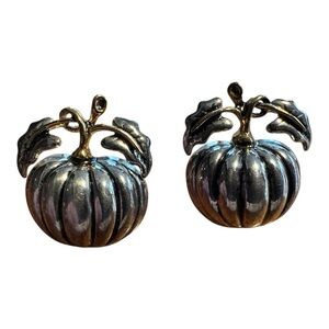 Vintage Pumpkin Earrings Gold Silver Two Tone Leaf Fall Autumn Best Posts Signed